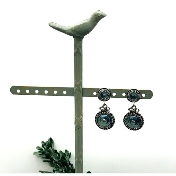 Vintage-Inspired Silver Drop Earrings With Blue Enamel Swirl Accents - Picture 3 of 7
